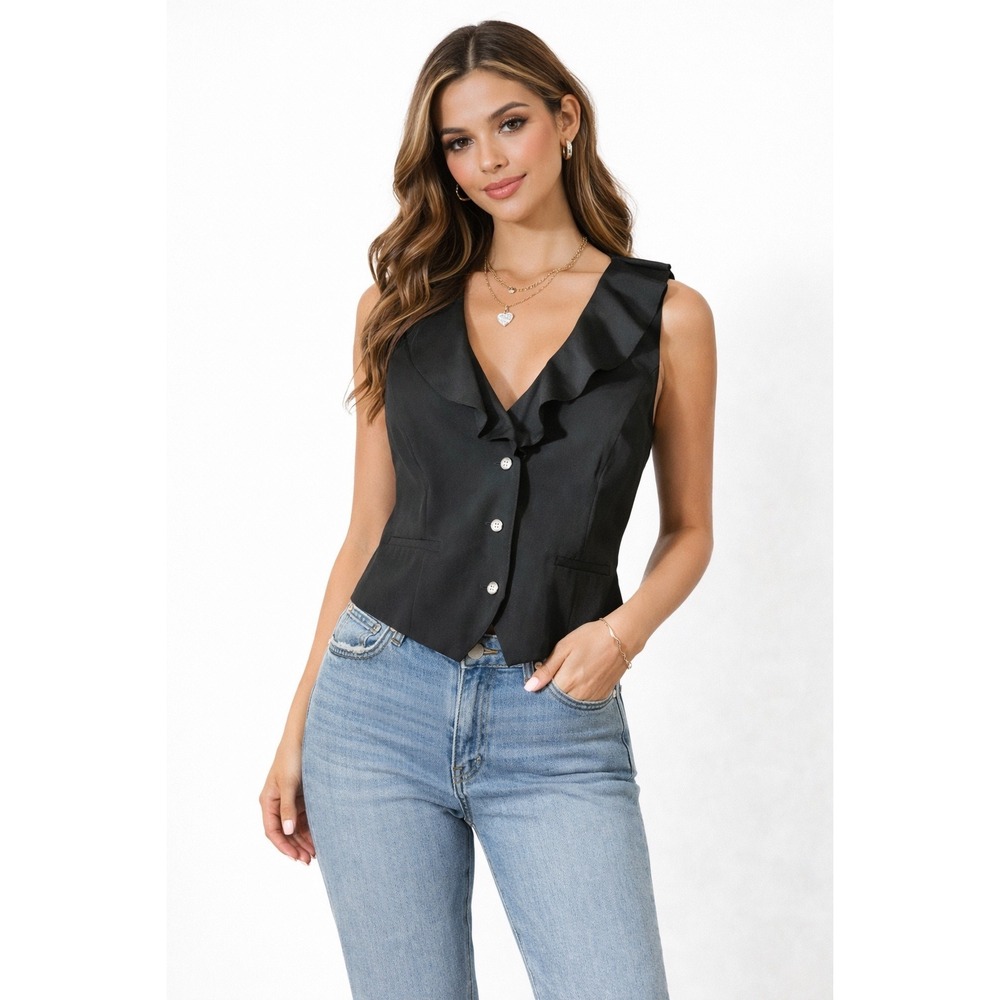 Chaps Black Ruffled Collar Vest Womens Size XL Button Front Sleeveless